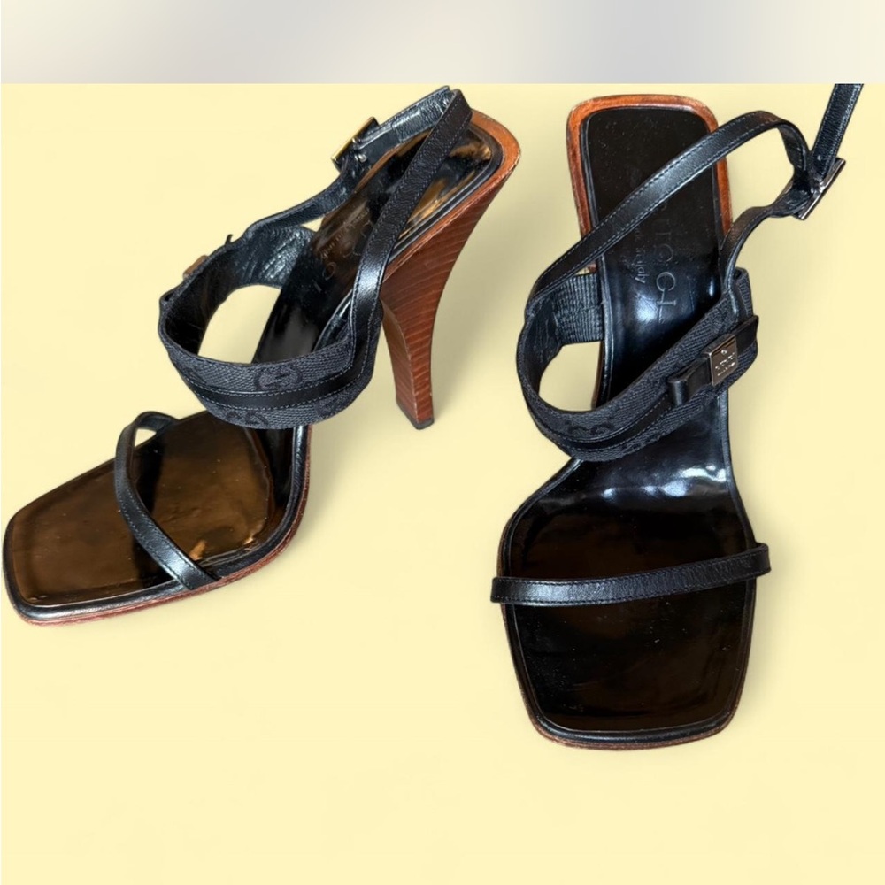 Gucci Black Strappy Heels with Brown Accents